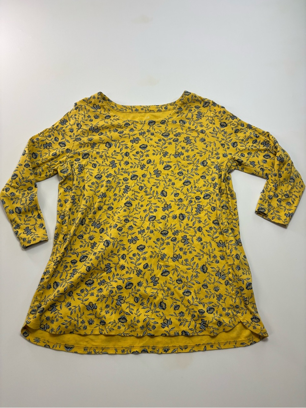 J. Jill Yellow Floral Shirt Size Medium 100% Pima Cotton 3/4 Sleeve Scoop Neck